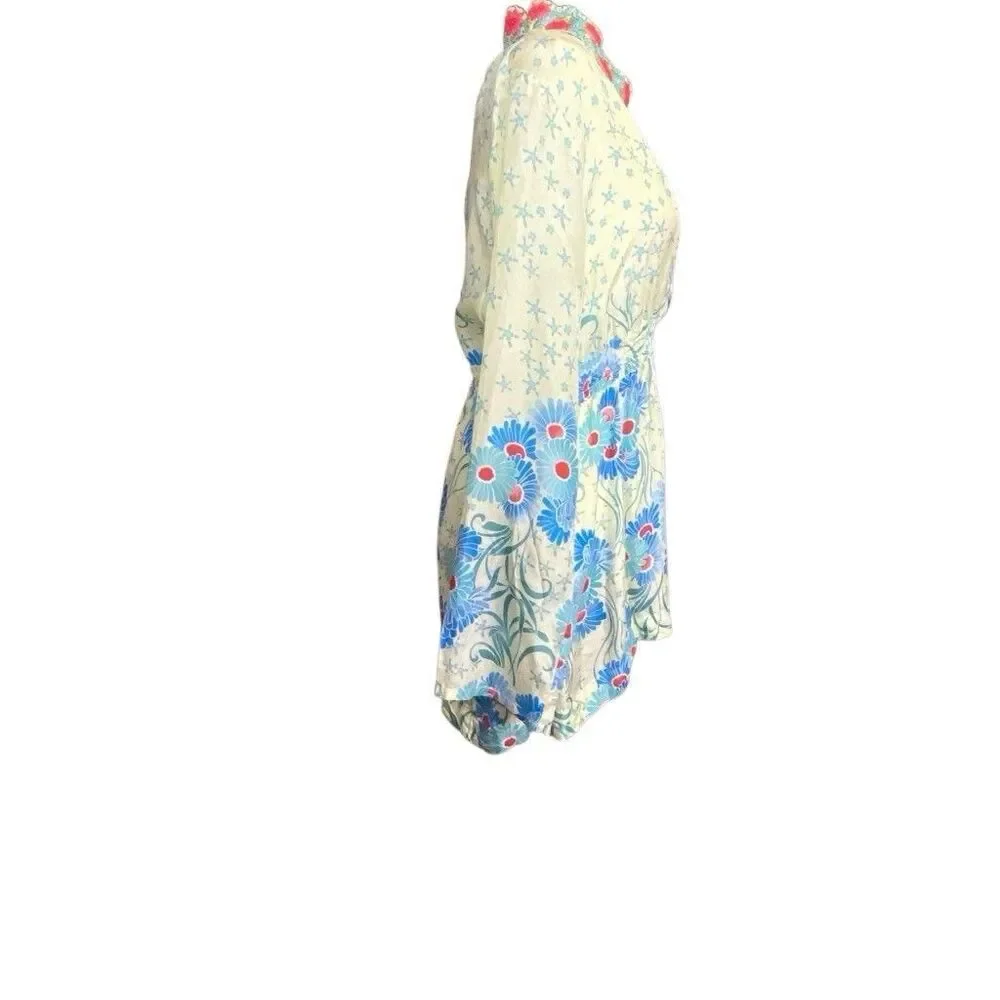 Johnny Was 100% Silk Tunic Blouse Cream Blue Floral Large Boho Print Artisan Top - Picture 6 of 9